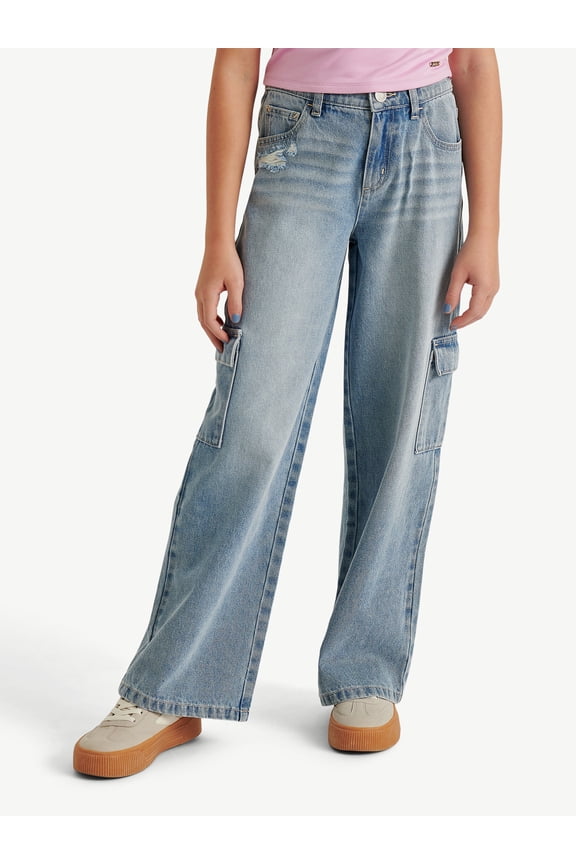 Girl's Wide Leg Cargo with Embroidery, Sizes 6-18, Slim & Plus