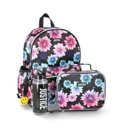 JUSTICE Girls 17" Floral Print Backpack, Lunch Bag, Water Bottle, and Dangle Set, 4-Piece, Black