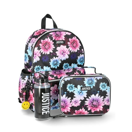 Justice Girls 17" Floral Print Backpack, Lunch Bag, Water Bottle, and Dangle Set, 4-Piece, Black