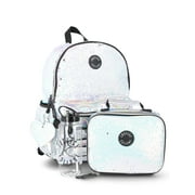 JUSTICE Girls 17" Iridescent Sequined Backpack, Lunch Bag, Water Bottle, and Charm Set, 4-Piece, White