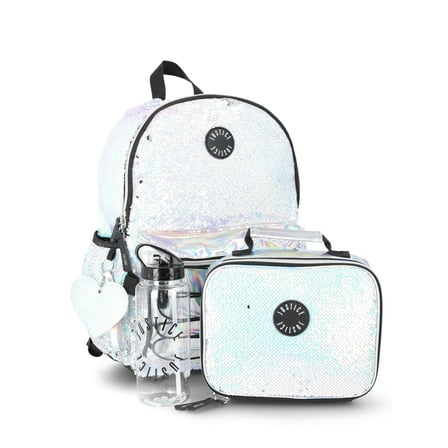 Justice Girls 17" Iridescent Sequined Backpack, Lunch Bag, Water Bottle, and Charm Set, 4-Piece, White
