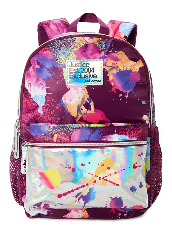 Justice Girls 17" Laptop Backpack Iridescent Purple Multi-Color Splatter