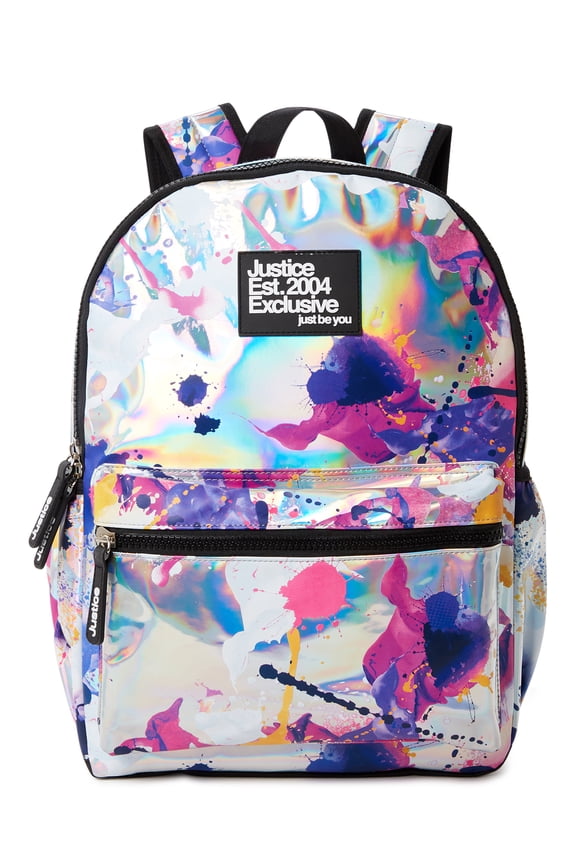 Girls 17" Laptop Backpack Iridescent Silver Multi-Color Splatter