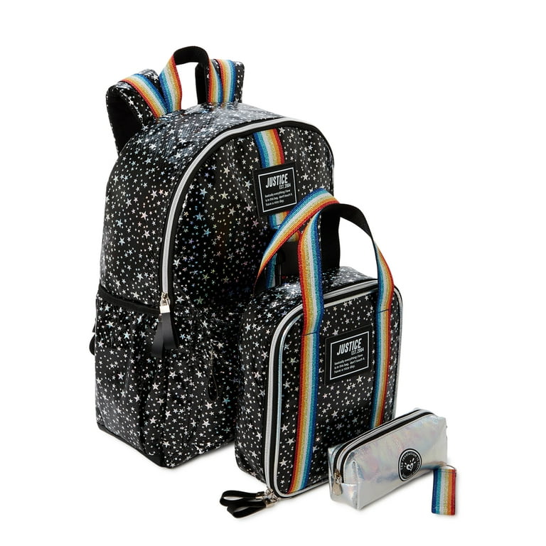 Justice Girls' Star Print & Multi-Color Straps Laptop Backpack, Lunch Tote & Pencil Case Set - Black - 1 Each