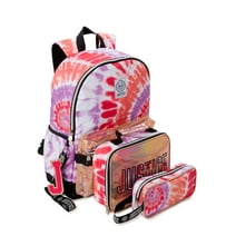 Justice Girls 17" Laptop Backpack, Lunch Tote and Pencil Case, 3-Piece Set Metallic Print Pink Tie Dye