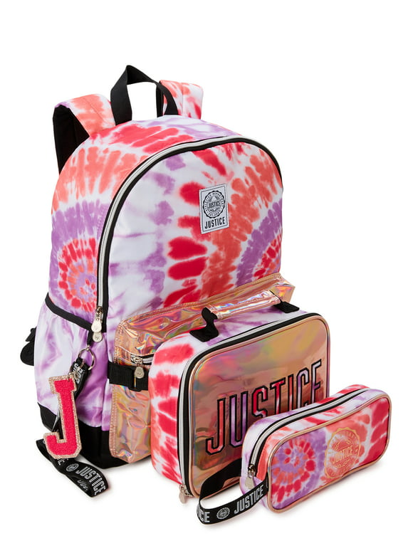 Justice Girls 17" Laptop Backpack, Lunch Tote and Pencil Case, 3-Piece Set Metallic Print Pink Tie Dye