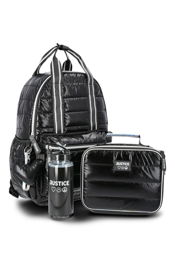 Girls 17" Shimmer Quilted Backpack, Lunch Bag, Water Bottle, and Charm Set, 4-Piece, Black