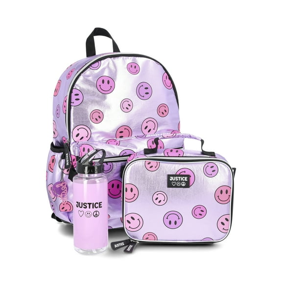 Justice Girls 17" Shimmer Smile Print Backpack, Lunch Bag, Water Bottle, and Dangle Set, 4-Piece, Purple