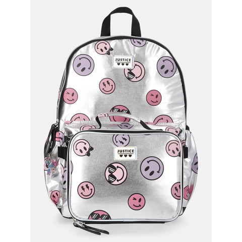 Girls 17" Silver Foil Smiley Backpack & Lunch Tote Set, Silver