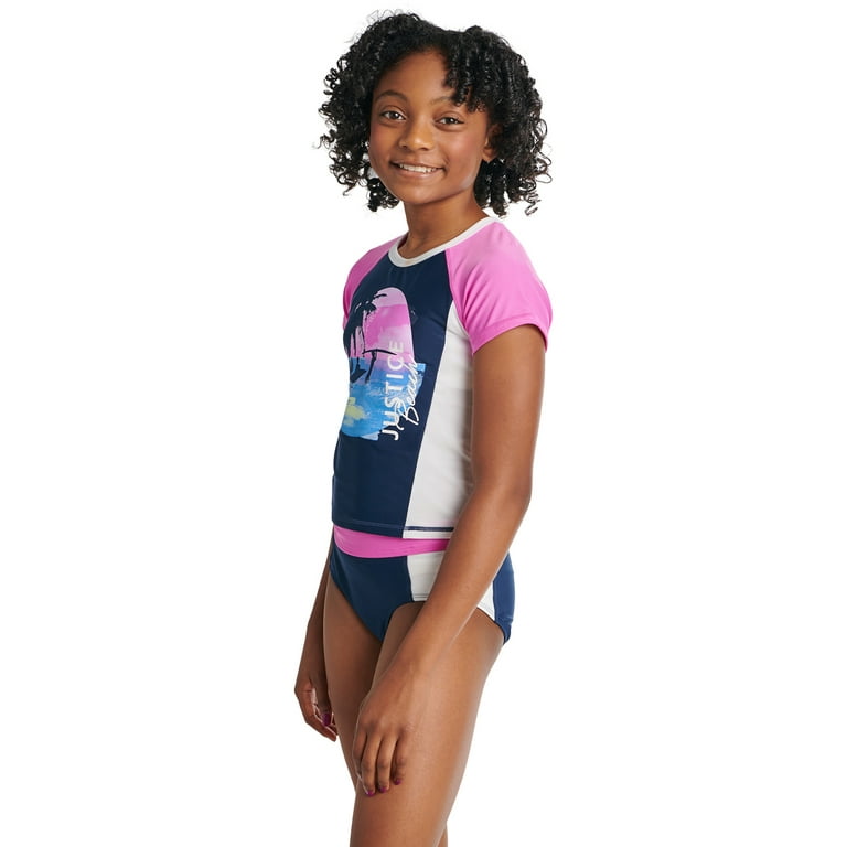 Justice Girls 2 Piece Colorblock Short Sleeve Graphic Rashguard