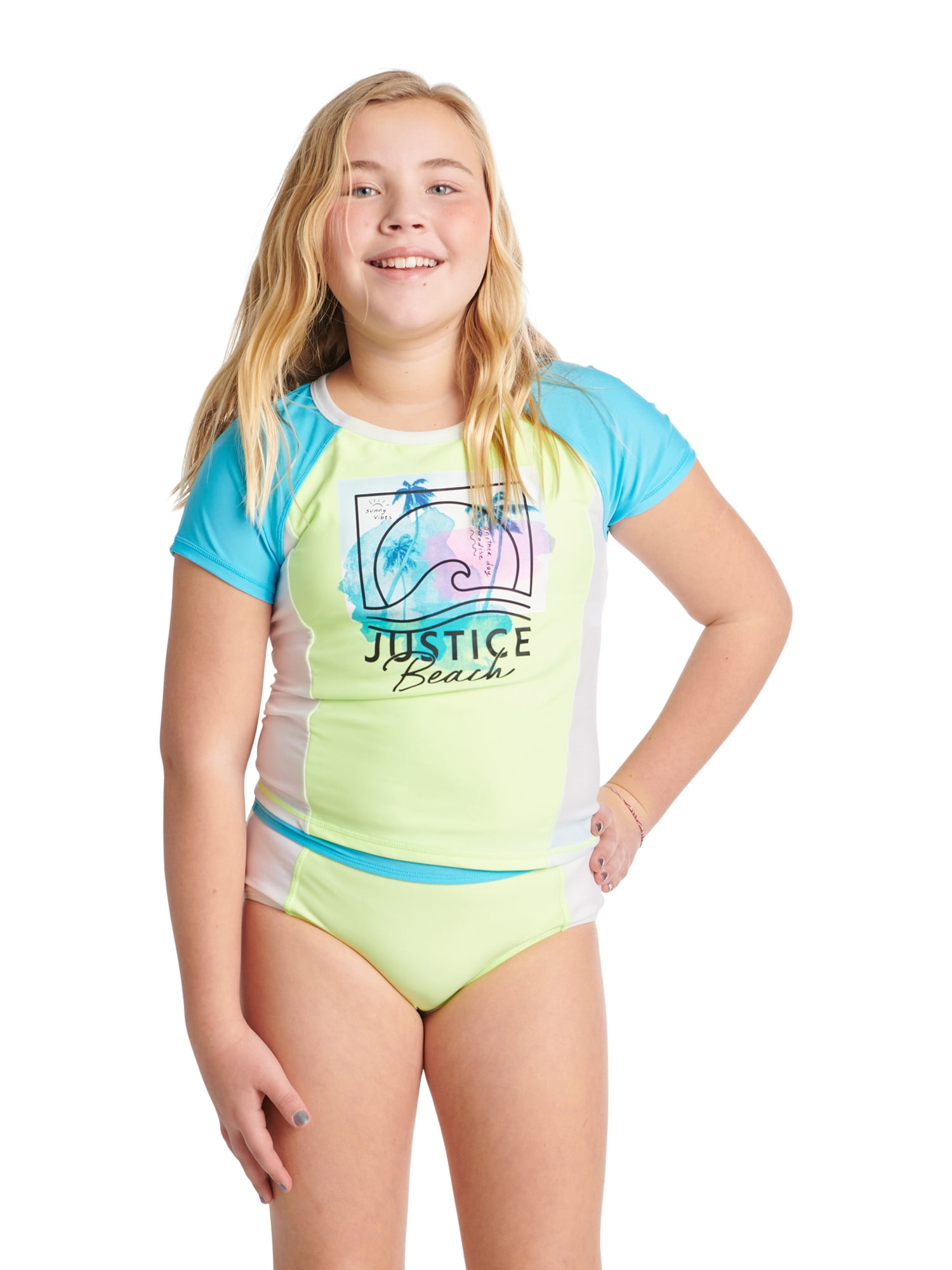 Justice Girls 2 Piece Colorblock Short Sleeve Graphic Rashguard Swimsuit,  Sizes 5-18