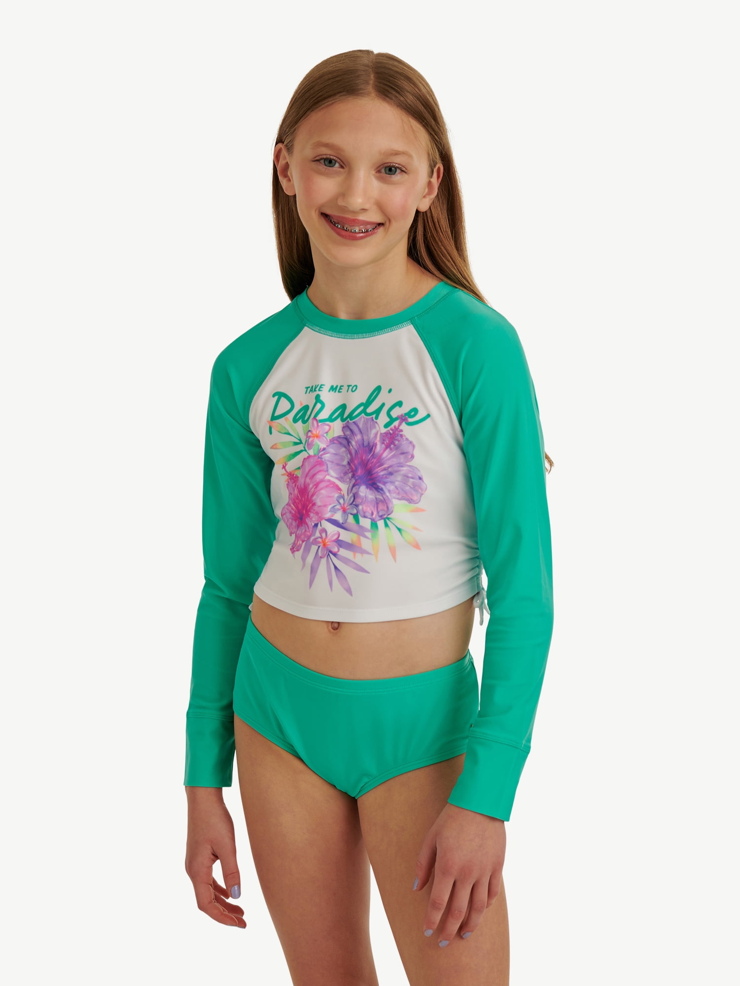Justice Girls 2 Piece Long Sleeve Rashguard Swimsuit, Sizes XS-XL