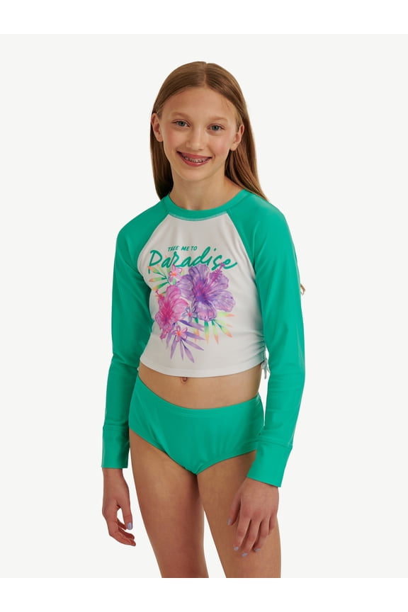 Girls 2 Piece Long Sleeve Rashguard Swimsuit, Sizes XS-XL
