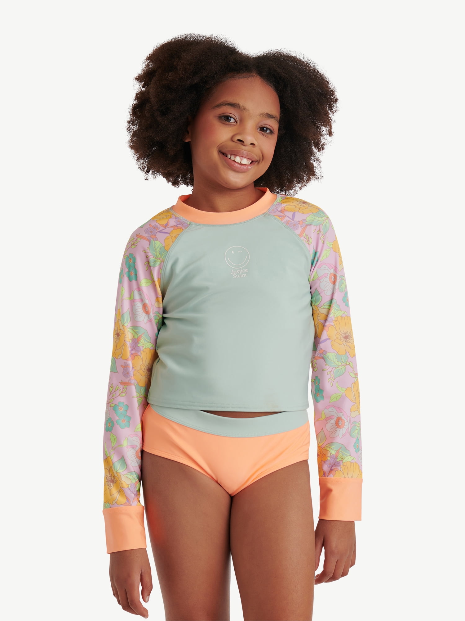 Justice Girls 2 Piece Long Sleeve Rashguard Swimsuit, Sizes XS-XL