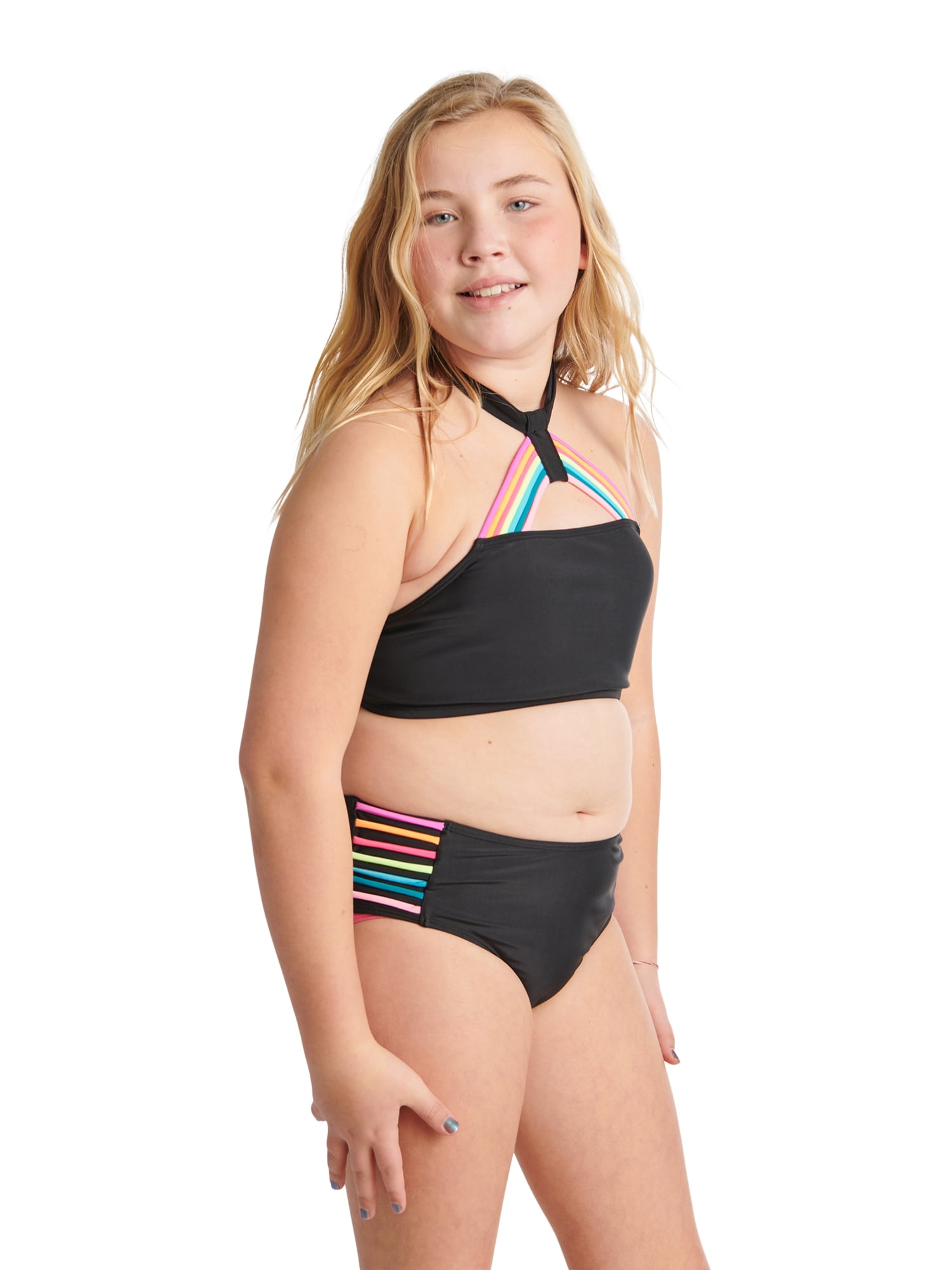 Girls Black Rainbow Halter Bikini Set