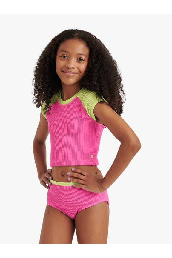 Girls 2 Piece Short Sleeve Rashguard Swimsuit, Sizes XS-XL