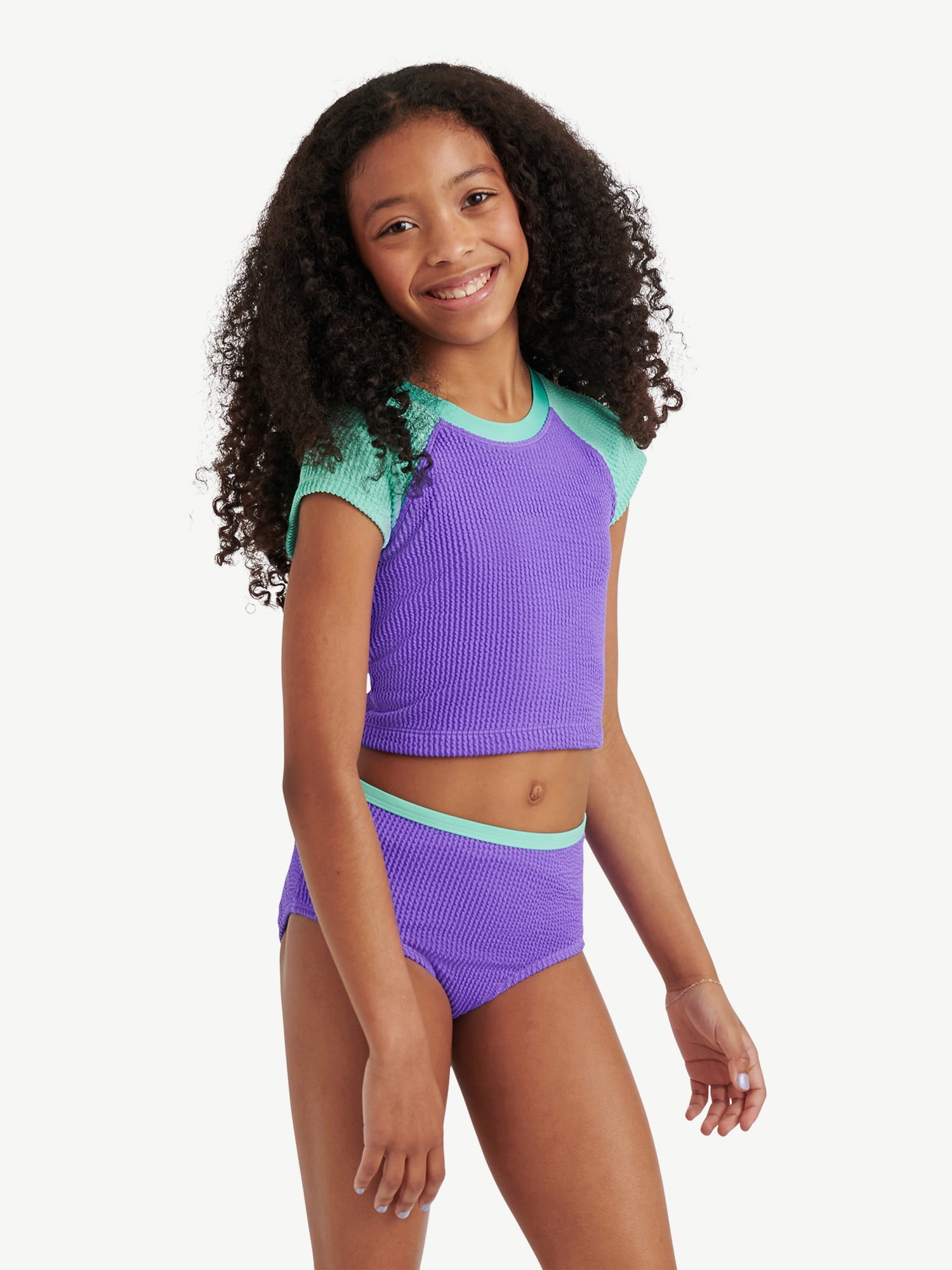 Justice Girls 2 Piece Short Sleeve Rashguard Swimsuit, Sizes XS-XL