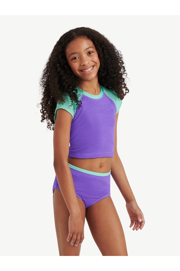 Girls 2 Piece Short Sleeve Rashguard Swimsuit, Sizes XS-XL