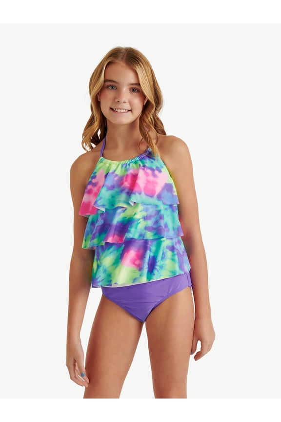 Girls 2 piece Ruffle Halter Tankini Swimsuit, sizes XS-XL