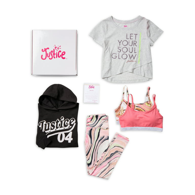 Justice Girls 5 Piece Collection X Gift Box with Top, Hoodie, Leggings,  Solid Bralette, and Print Bralette, Sizes XS - XL 