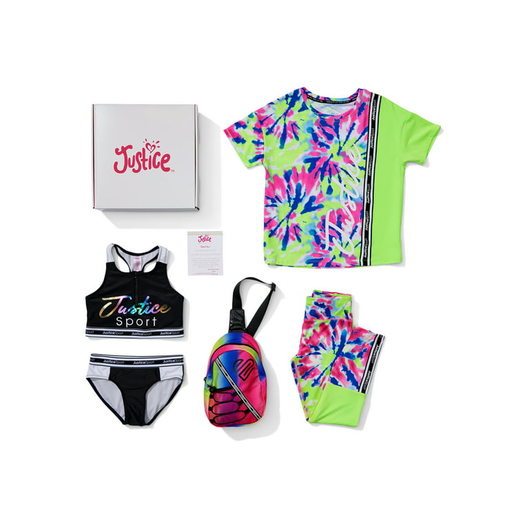 Justice Girls 5-Piece Jsport Gift Box Outfit Bundle with Short Sleeve Top,  Leggings, Bag, and Swimsuit, Sizes XS-XL 
