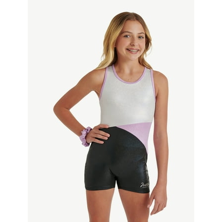 Justice All Over Foil Biketard for Girls with Matching Scrunchie, Sizes XS-XL