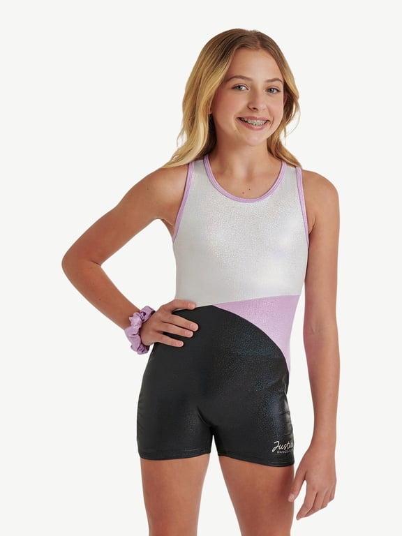 All Over Foil Biketard for Girls with Matching Scrunchie, Sizes XS-XL