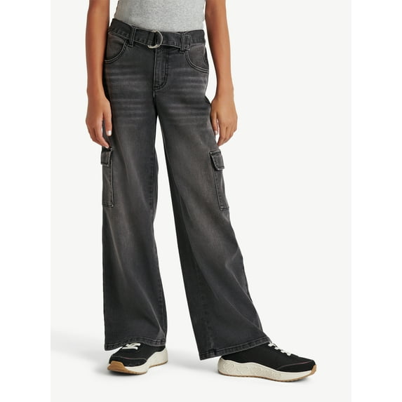 Justice Girls Black Denim Cargo With Belt, Sizes 6-18, Slim & Plus