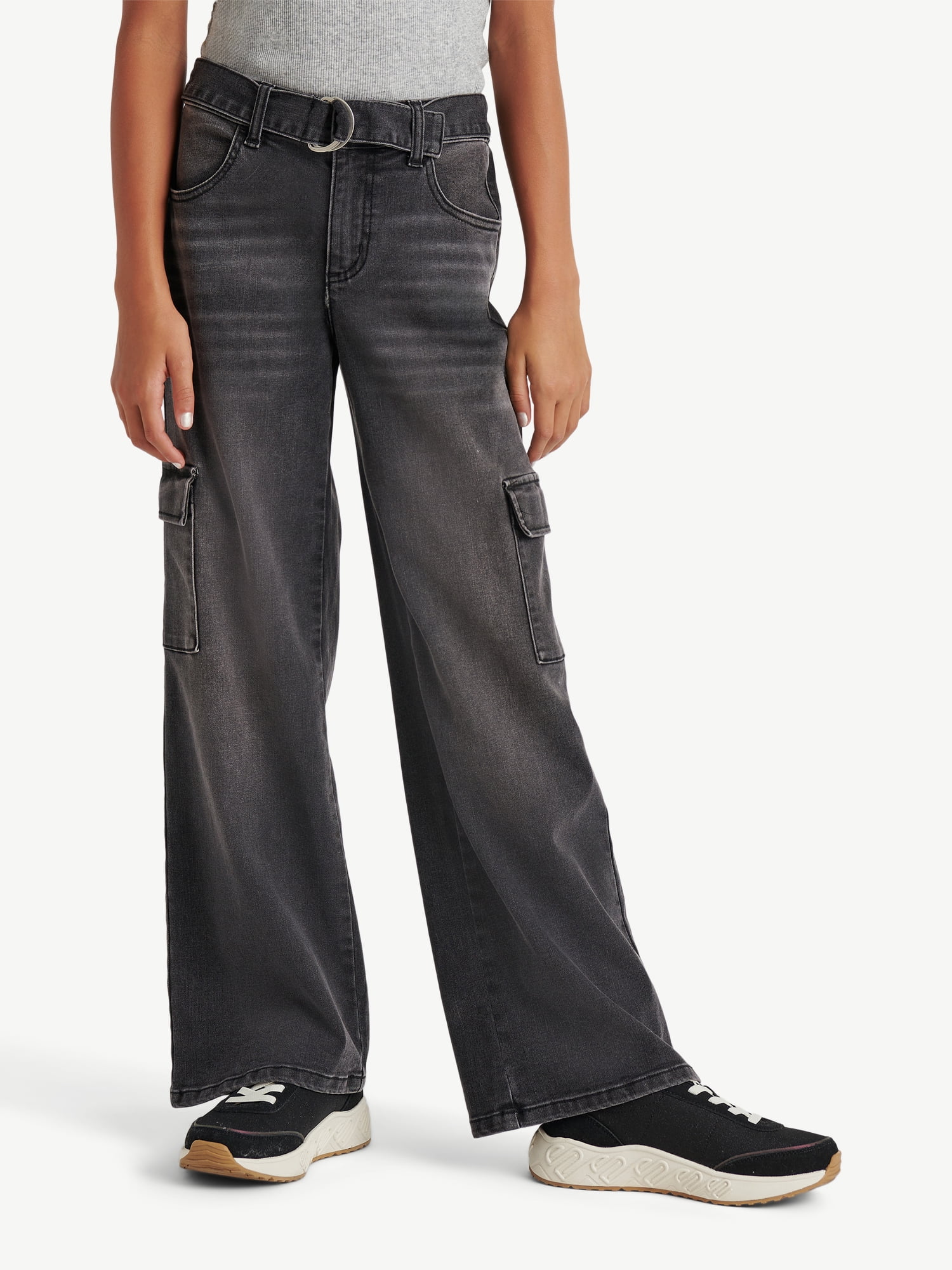 パンツ Radiant Belt cargo black denim Justice Girls Black Denim Cargo Pants with Belt, Sizes 6-18