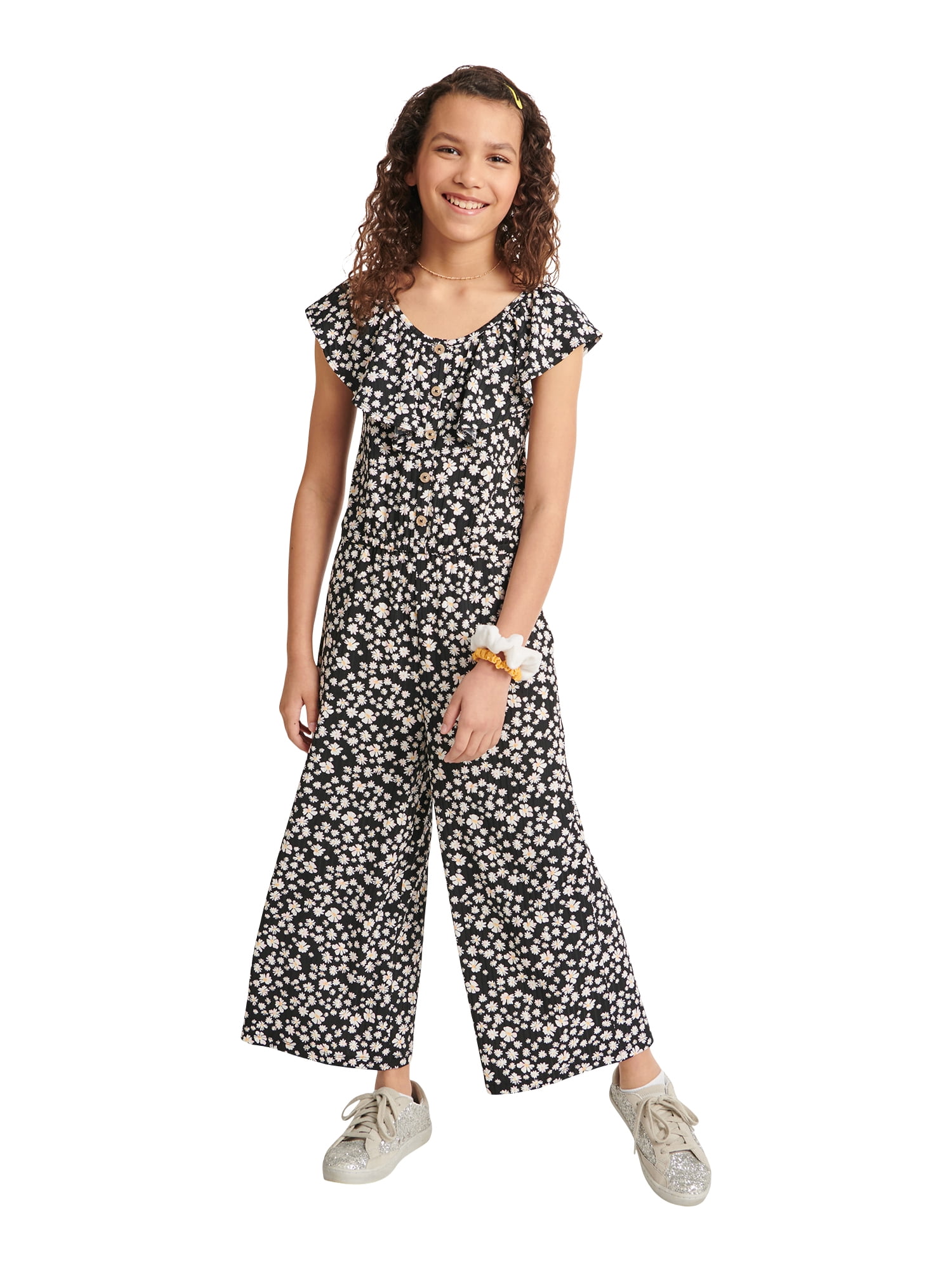 Justice Girls Button Front Ruffle Neckline Jumpsuit, Sizes XS-XLP