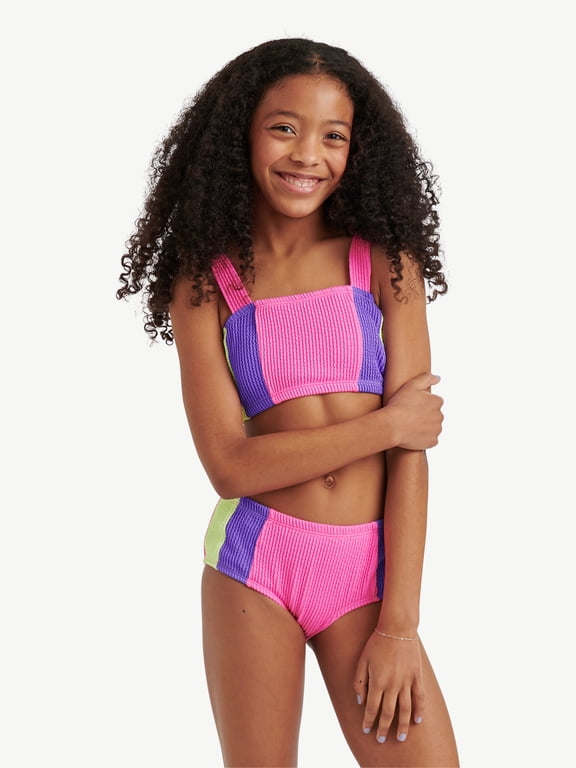 Girls Color Blocked Popcorn Color Bikini Swimsuit , Sizes XS-XL