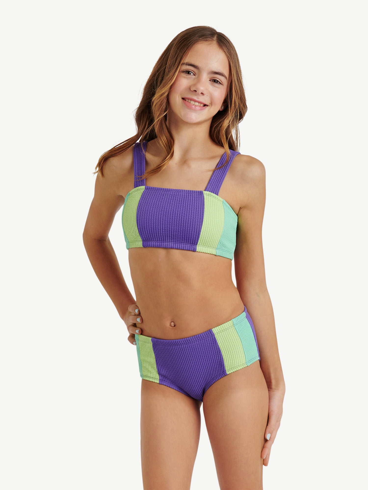 Justice Girls Color Blocked Popcorn Color Bikini Swimsuit , Sizes XS-XL