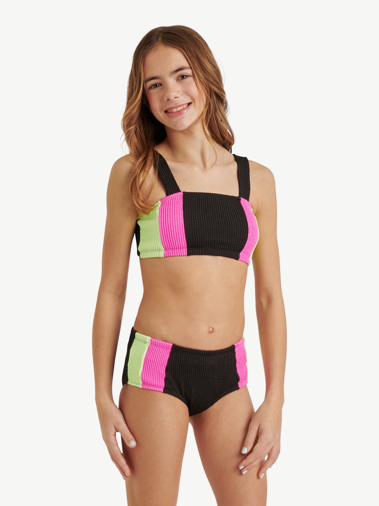 Justice Girls Color Blocked Popcorn Color Bikini Swimsuit , Sizes XS-XL