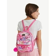 Justice Girls' Floral Mini Backpack with Front Chain Detail and Pom Keychain, Pink