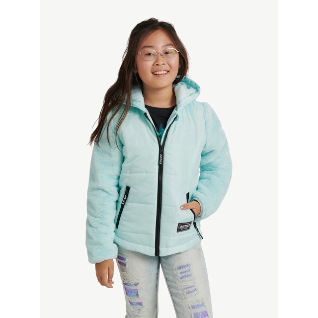 Justice Girls Full Zip Long Sleeve Mixed Media Jacket with Hood, Sizes