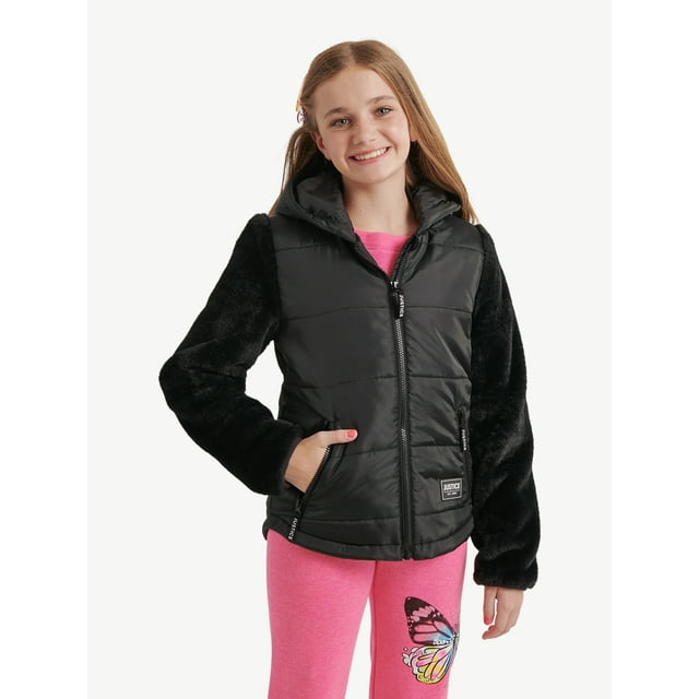 Justice Girls Full Zip Long Sleeve Mixed Media Jacket with Hood, Sizes