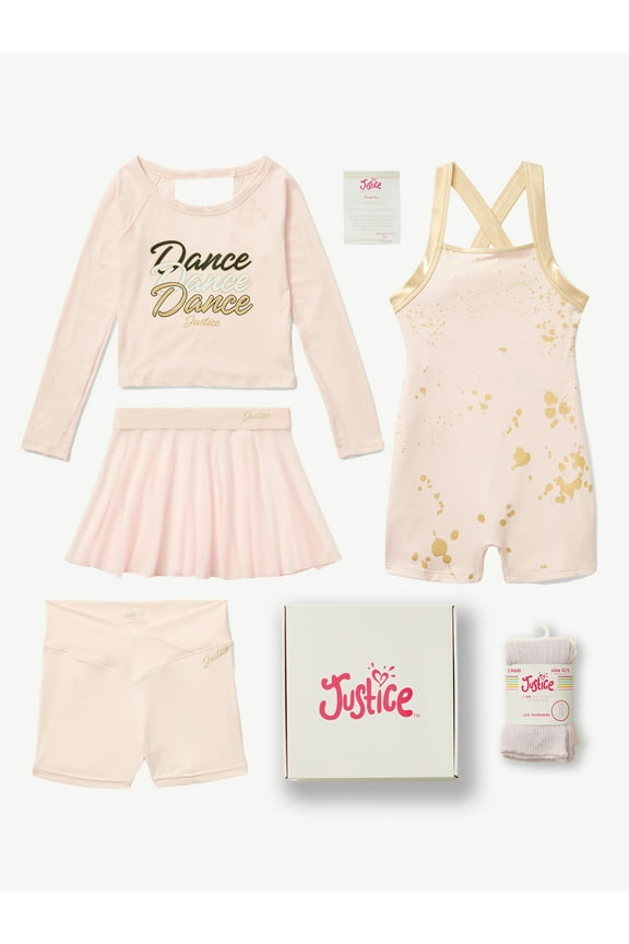 Girls Gift Box 7 Piece Dance Set Biketard Dance Skirt and 2 Pack Leg Warmer, Sizes XS-XL