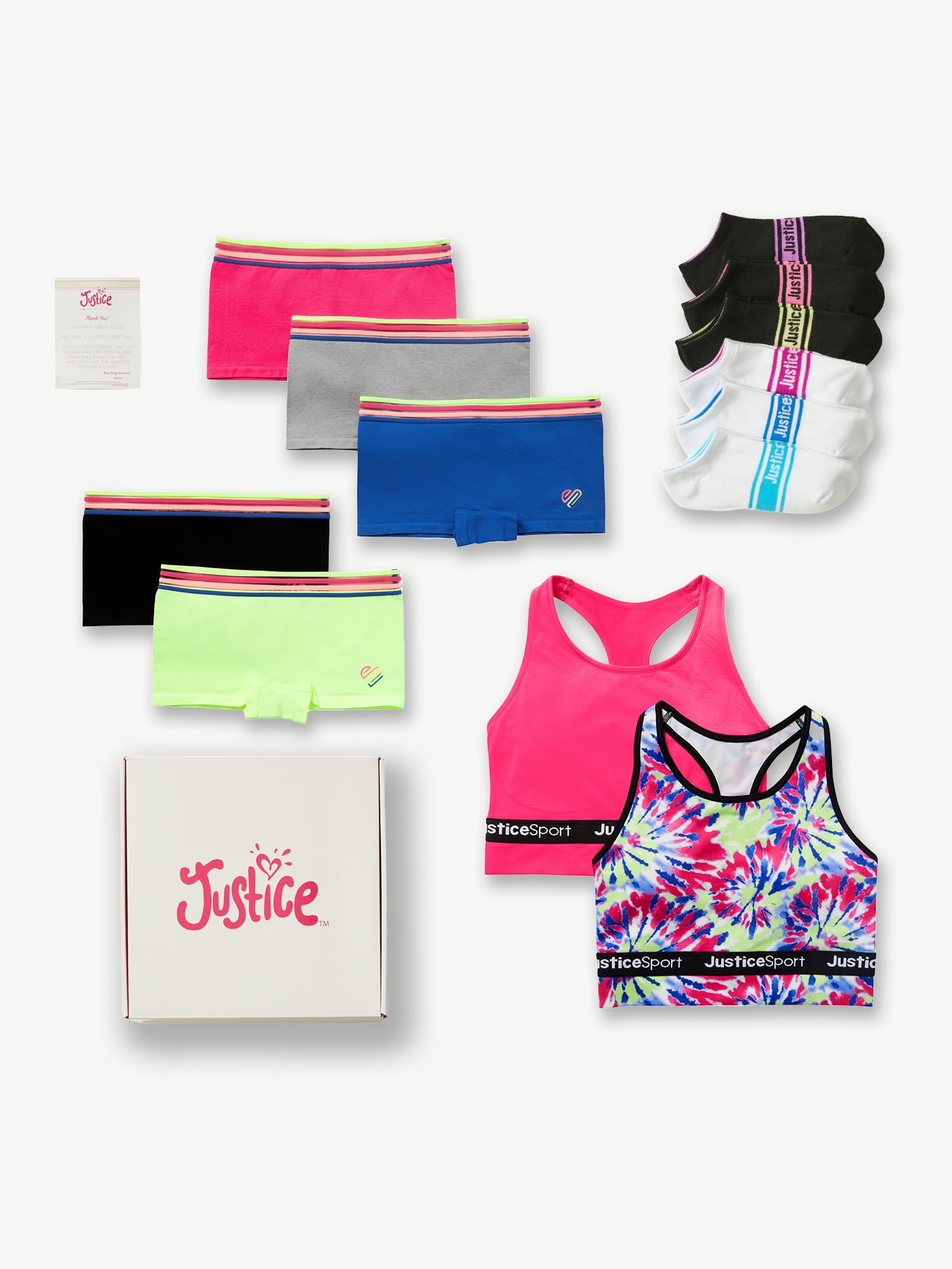 Justice Girls Gift Box - Including 2 Pack Sport Bra, 5 Pack Boy