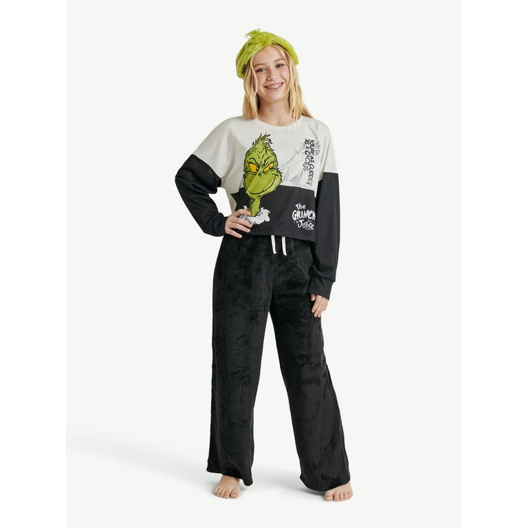 Justice Girls Grinch Long Sleeve Top and Wide Leg Pant with Grinch  Headband, 3-Piece Pajama Set, Sizes 5-18 and Plus