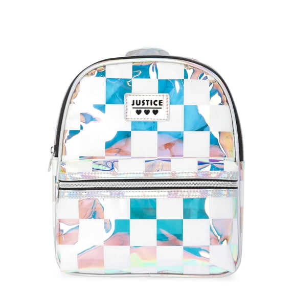 Justice Girls' Iridescent Mini Backpack with Adjustable Straps, Silver and White