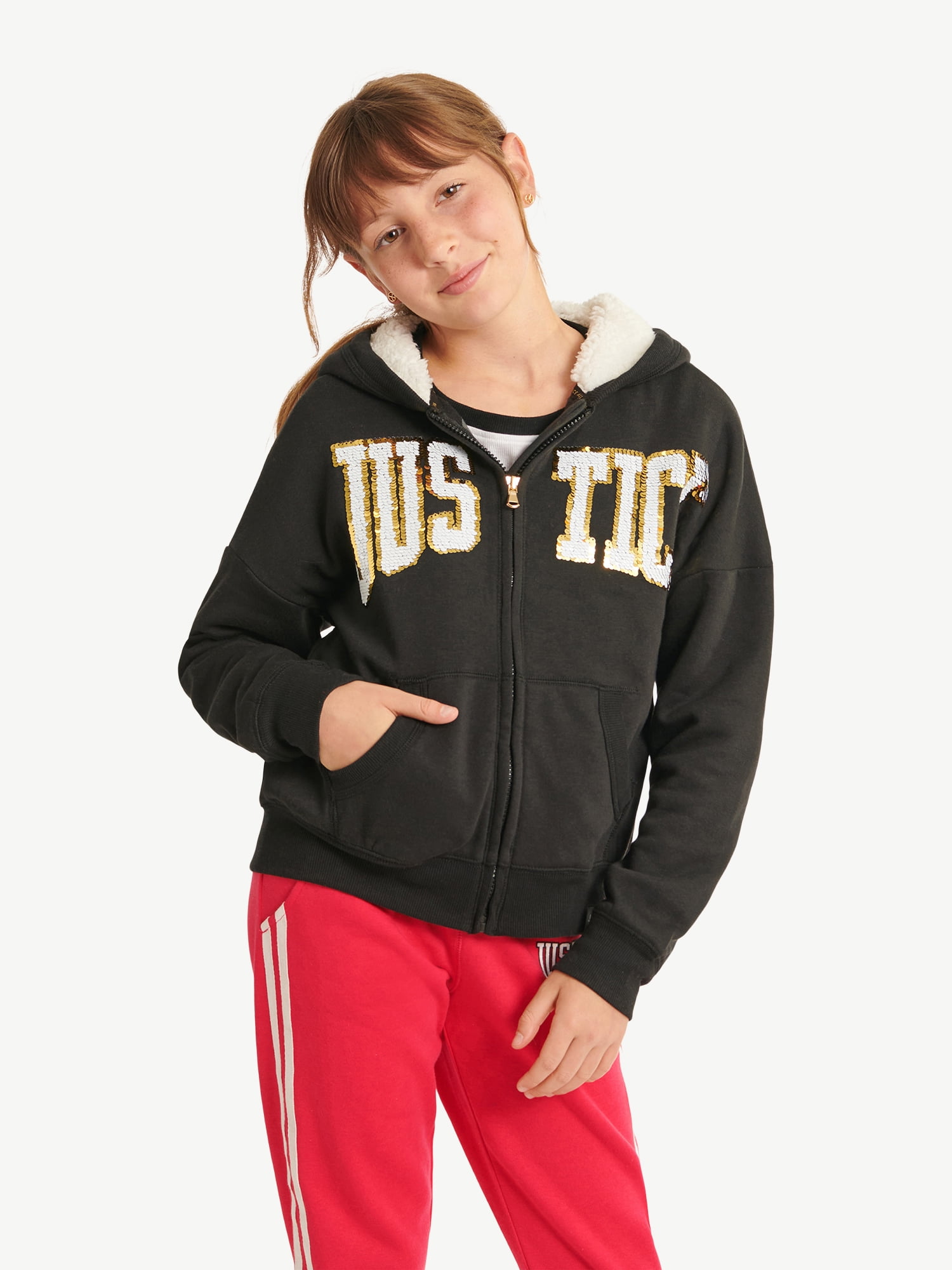 Justice+Girl%E2%80%99s+Logo+Faux+Fur+Trim+Zip+Up+Hoodie+Sweater+