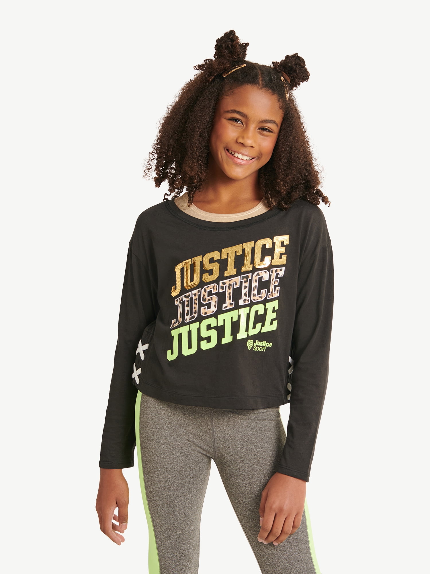 Justice Girls JSport Side LaceUp 2Fer Long Sleeve Top, Sizes XSXLP