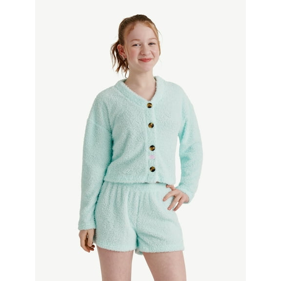 Justice Girls Long Sleeve Cardigan Sleep Top and Shorts, 2-Piece, Sizes 5-18 & Plus