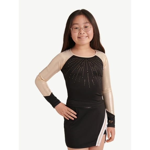 Justice Kids Cheerleading Outfit, Gold Foil Long Sleeve Cheerleading Top for Girls, Sizes XS-XL