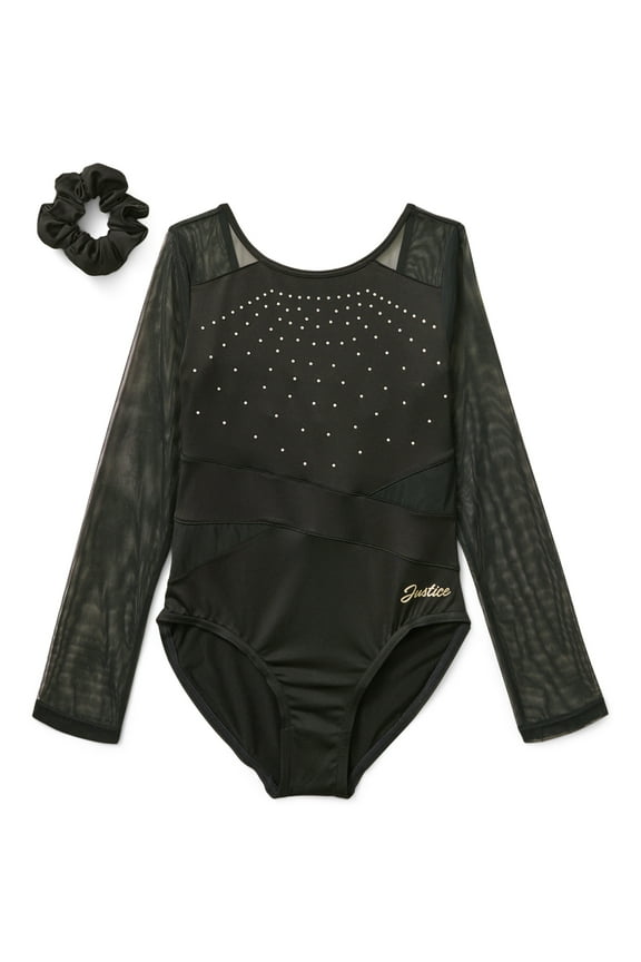 Girls Long Sleeve Gymnastics and Dance Leotard with Mesh Panels & Rhinestone Accents, XS-XL