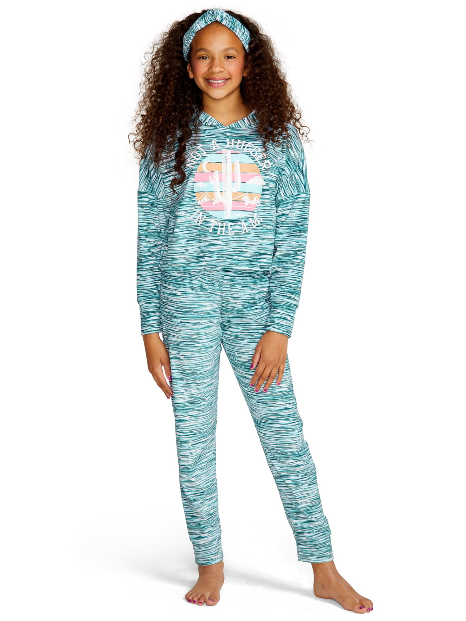 Justice Girls Long Sleeve Hooded Top and Jogger 3-piece Pajama Set with ...