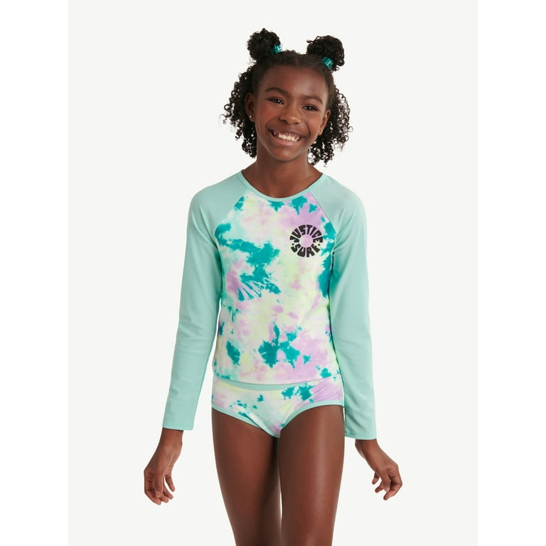 Justice Girls Long Sleeve Rashgaurd Swimsuit Set, Sizes 5-27