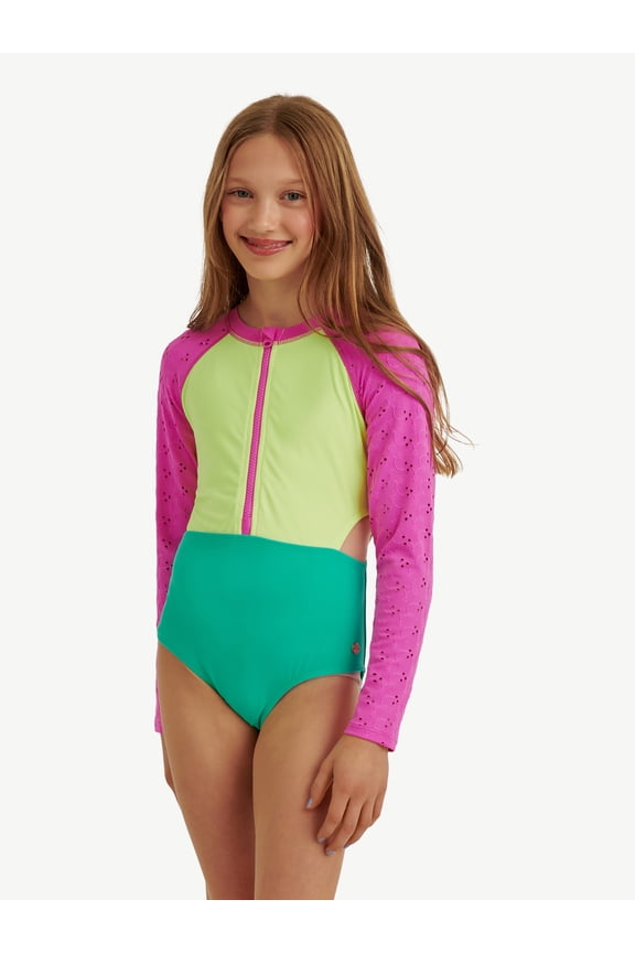 Girls Long Sleeve Surf Swimsuit, 1-Piece, Sizes XS-XL