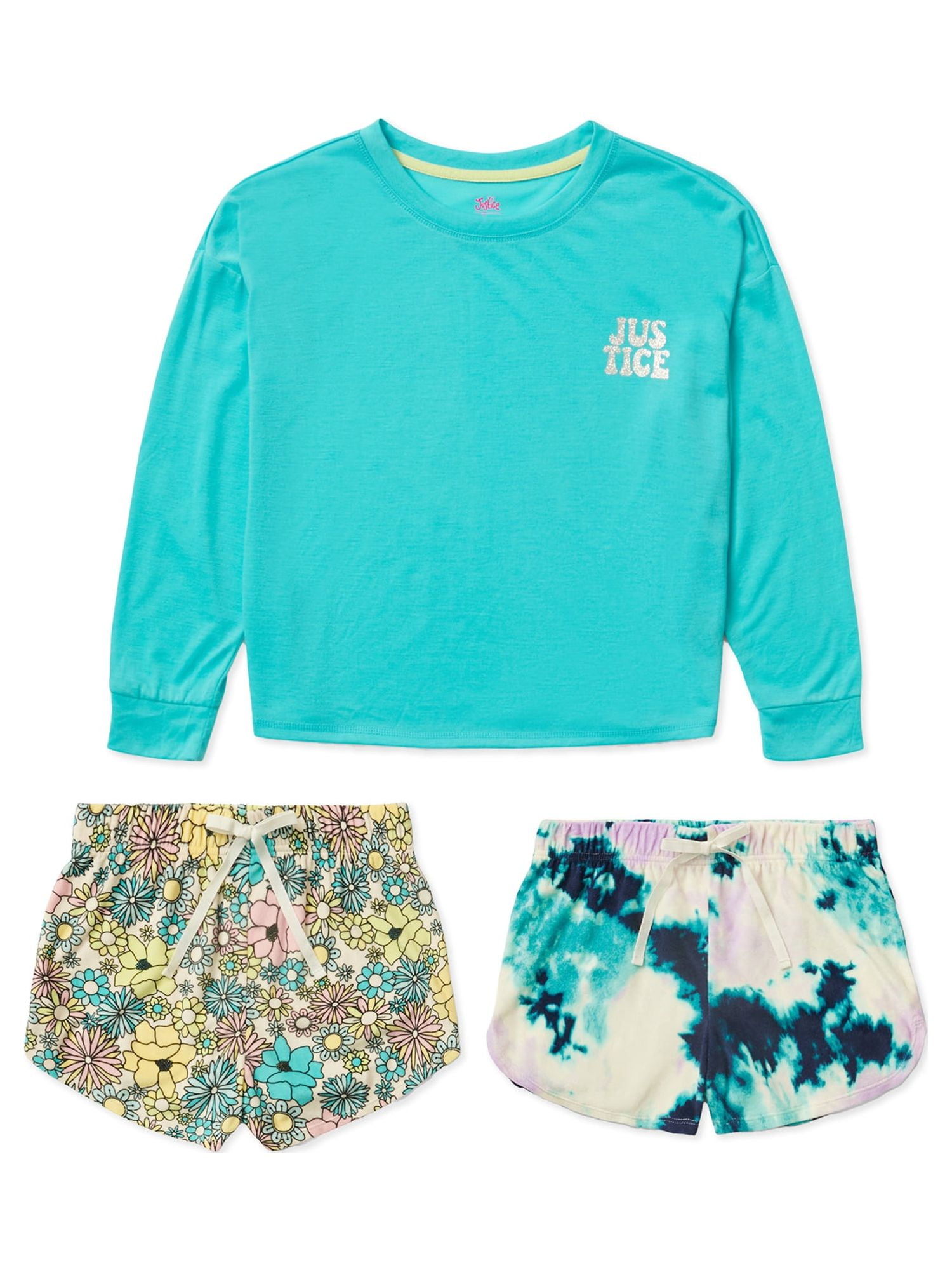 Justice Girls Long Sleeve Top and Sleep Shorts, 3-piece