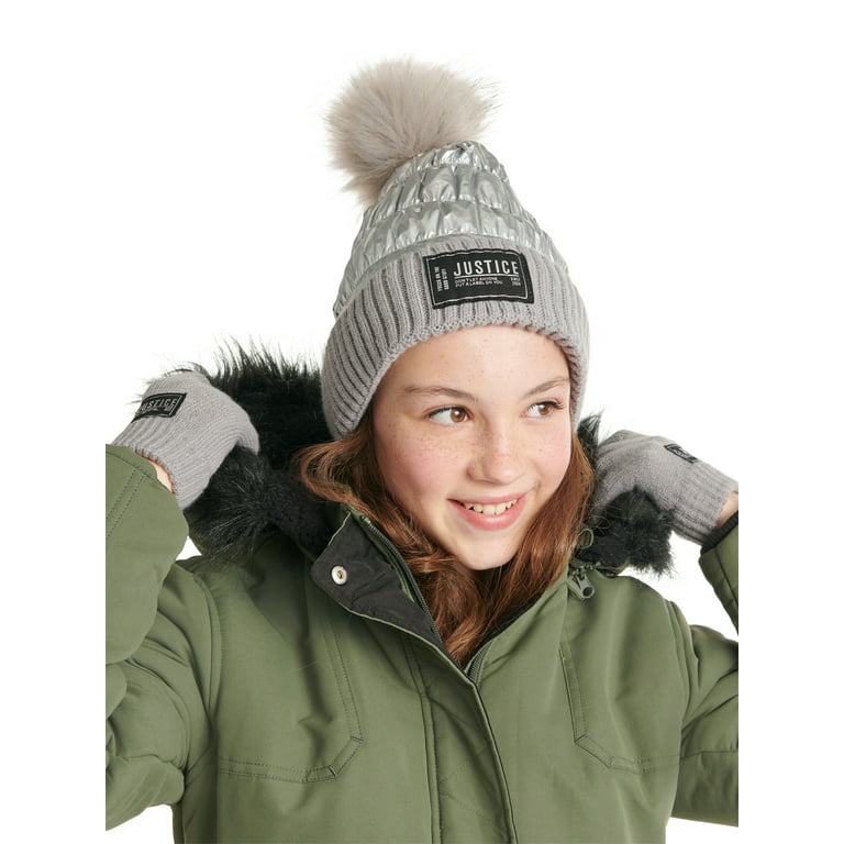 Justice Girls Metallic Silver Quilted Beanie with Faux Fur Pom and